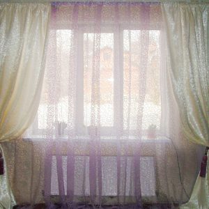 Комплект молочних штор і тюль Lumelle Завитки бузковий з молочним  (20ш)
