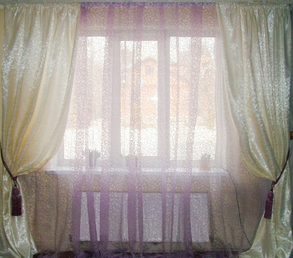 Комплект молочних штор і тюль Lumelle Завитки бузковий з молочним  (20ш)