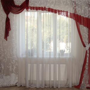 Ламбрекен зі шторами Lumelle Асиметрія Органза карниз 300см Бордовий з молочним (40_1_3м)